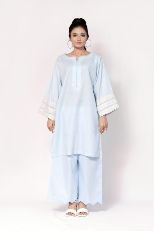 Firdous Light Blue Straight Cut Mid Length Casual Dress Cotton