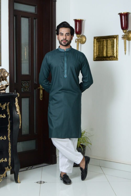 Firdous Forest Green Embroidery Kurta Blended