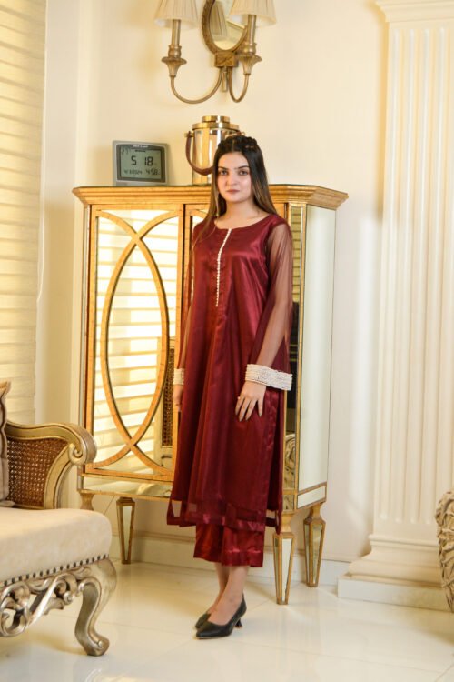 Firdous Maroon Nets & Silk Shirt Trouser