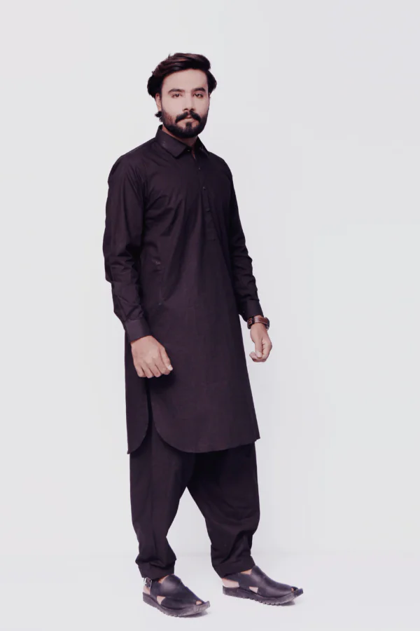 Firdous Black Basic Kameez Shalwar Cotton - Image 3