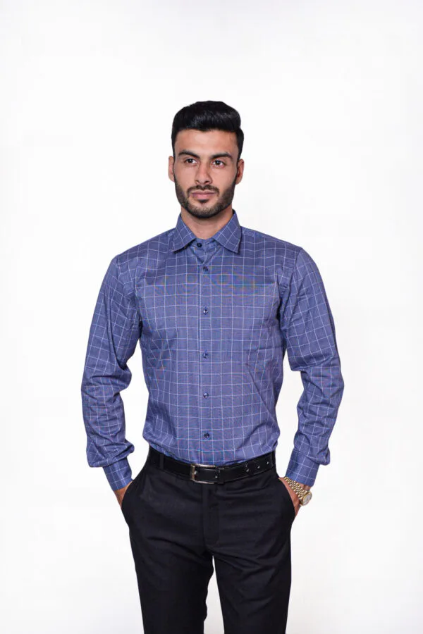 Firdous Blue & White Lining Check Men’s Formal Shirt Cotton - Image 3