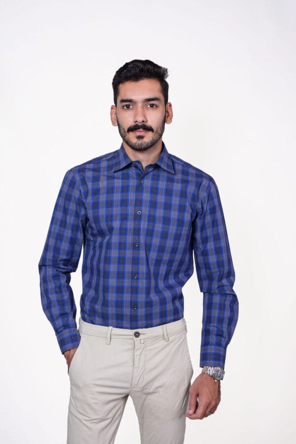 Firdous Blue & Grey Check Men’s Formal Shirt Cotton - Image 2