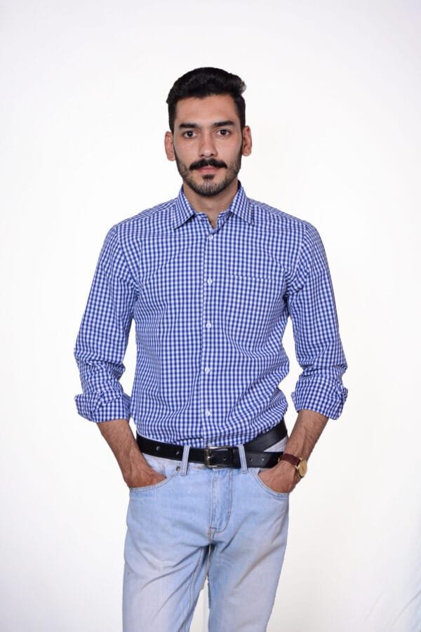 Firdous Blue & White Check Men’s Formal Shirt Cotton - Image 2