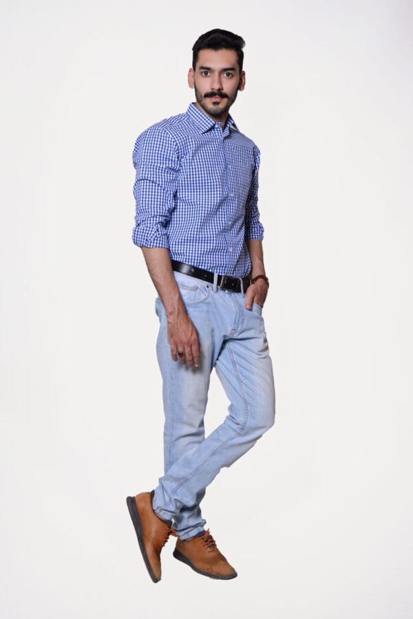Firdous Blue & White Check Men’s Formal Shirt Cotton - Image 3